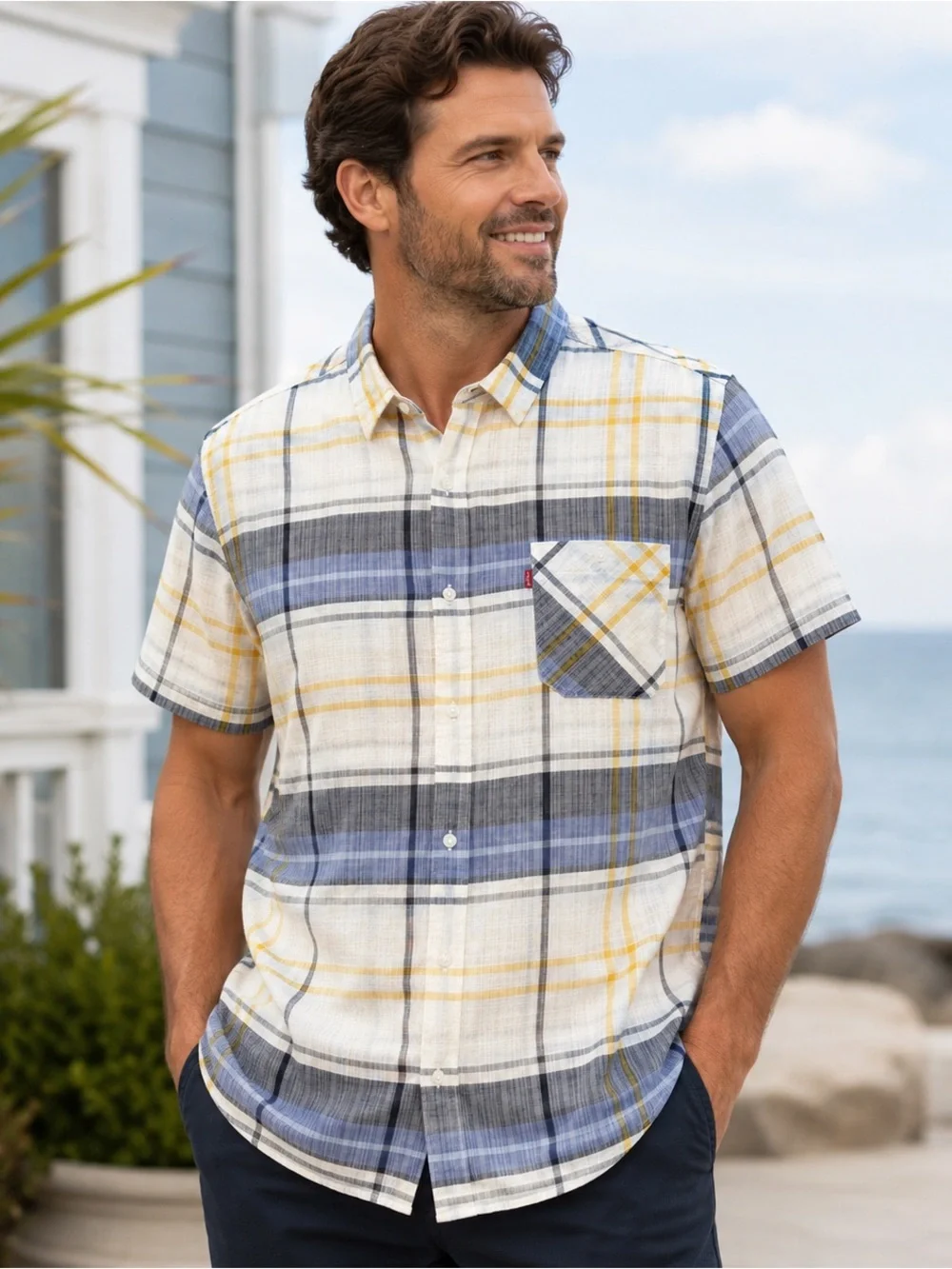 Levi's XXL Plaid Short Sleeve Button Front Shirt NWT Blue Yellow White Americana